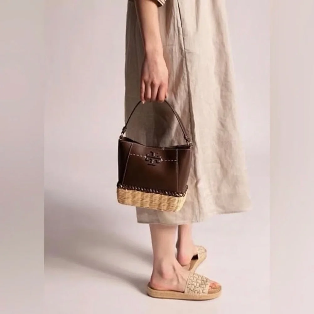 ‼️Tory Burch McGraw Small Wicker Brown Leather Bucket Bag Crossbody Bag